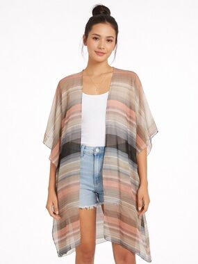Cejon Sheer Striped Open Front Kimono Duster Cover Up OSFM